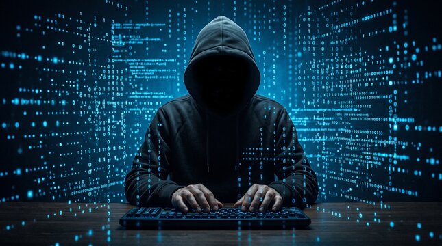Hooded figure working on computer in front of digital code