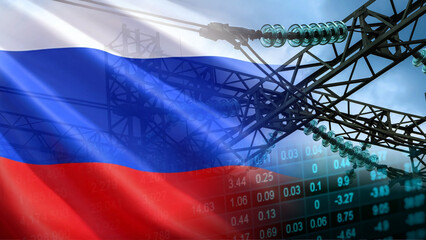 Russia's power utility business growth and electrical grid infrastructure investment, featuring high-voltage electrical lines and transmission towers, a superimposed Russian national flag © le