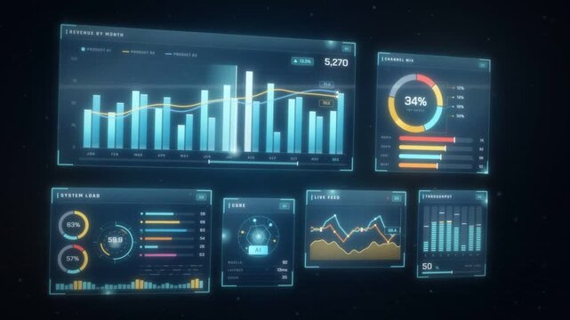Business analytics dashboard with animated bar chart line graph and donut chart in a seamless loop