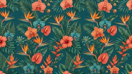 Seamless tropical botanical pattern featuring vibrant orange hibiscus and bird of paradise flowers © Zakir Hussain Baloch