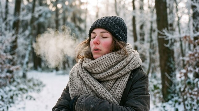 Woman breathing in a snowy forest