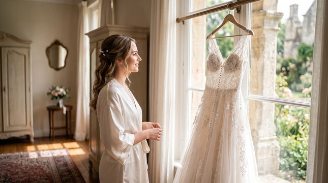Bride looking at wedding dress hanging by window