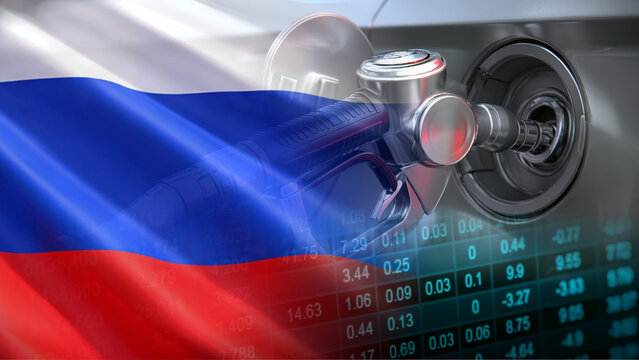 Russia's petroleum retail business growth and automotive fuel station infrastructure investment, featuring a close-up of a vehicle refueling at a petrol gas station pump nozzle unit, a superimposed 