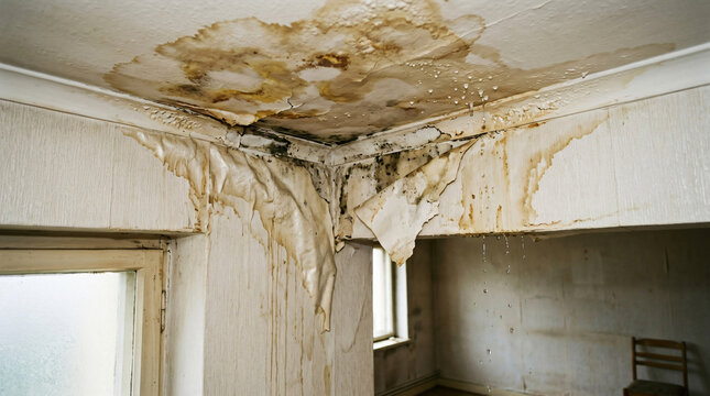 Interior Stock Photo Water Damage Inside Apartment Large Dirty Yellow Water Stain Bulging Peeling Damp Wallpaper Room Ceiling Wall Corner Heavy Water Drop Falling Down Realistic Aesthetic Textless