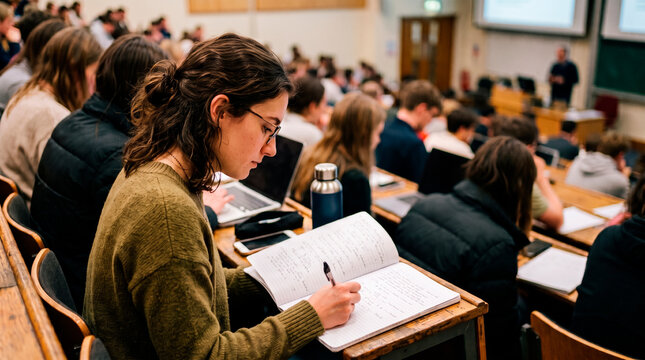 Student writing notes in a lecture hall