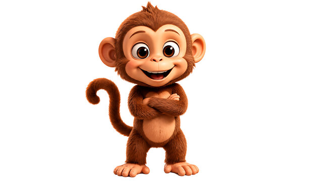 Cute smiling 3D cartoon monkey character standing isolated on a white background