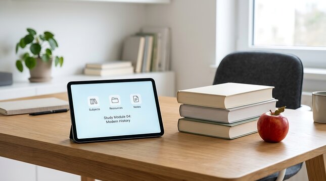 Digital Tablet with Online Education Interface on Wooden Desk with Books and Apple for Modern History Study