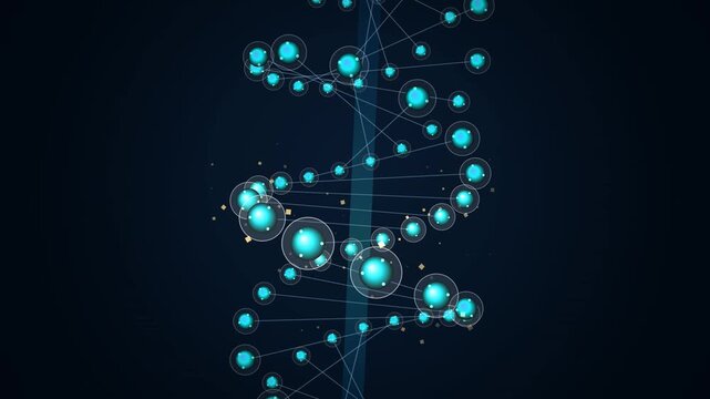 Rotating 3D animation of a glowing blue DNA double helix structure with molecular nodes representing epigenetic memory and genetic engineering