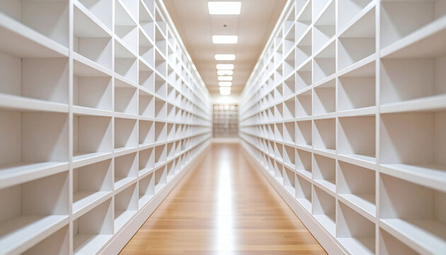 Empty white bookshelves lining a long symmetrical corridor with wooden floors and bright overhead lighting in a modern library interior