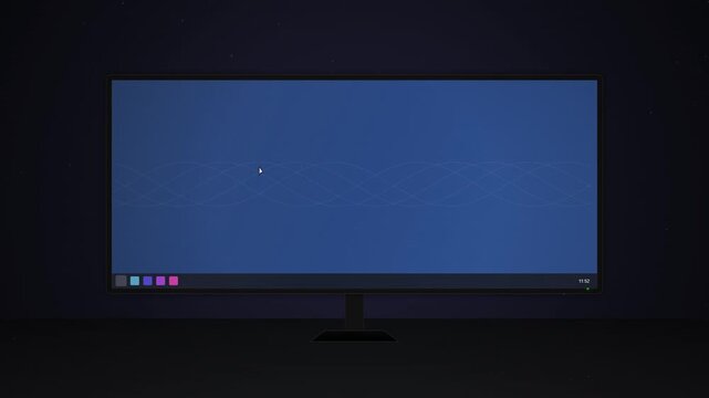 Computer Booting Sequence from Command Line Terminal to Desktop GUI on Ultrawide Monitor in Dark Room