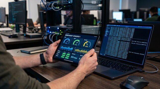 Person using tablet with industrial machine interface