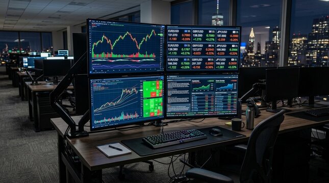 Trader analyzing stock market charts on dual monitors