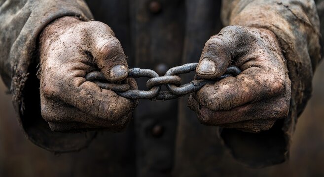 Close-up of heavily soiled hands holding a metal chain