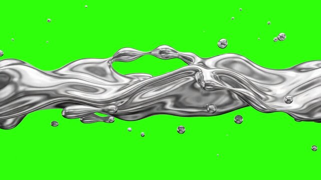 A dynamic 3D animated stream of shiny liquid mercury or metallic silver with floating droplets on a chroma key green background. Perfect for sci-fi scenes, futuristic tech intros, luxury metallic logo
