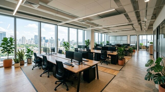 Modern office space with cubicles and natural light