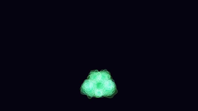 Abstract glowing wireframe animation morphing from a green shape into a colorful ring and a frog prince figure on a dark background