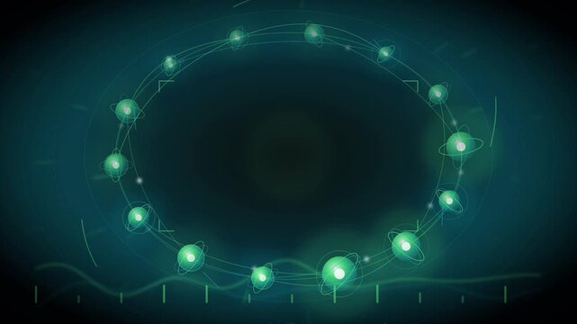 Ring Of Glowing Qubits With Entanglement Arcs And Interference Waves Around Empty Center Seamless Loop