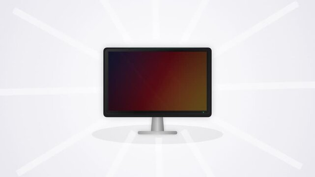 Animated computer monitor turning on to display data charts and coding windows on a Linux desktop interface