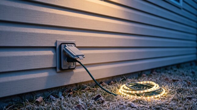 Extension cord plugged into an outdoor wall outlet to power festive holiday lights on a house exterior during a cold winter evening with frost on the ground.