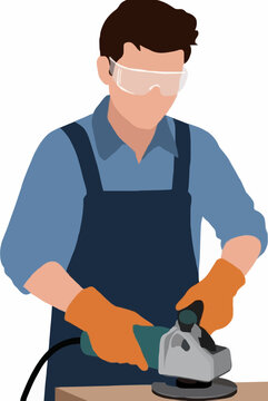 Hand-traced flat vector icon of male industrial worker wearing clear safety glasses and bright orange protective work gloves while operating electric orbital sander grinding tool on wooden surface