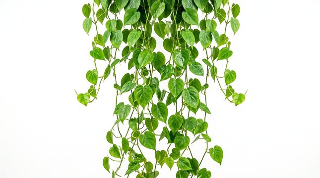 Cascading Green Heartleaf Philodendron Vines with Fresh Water Drops Hanging Down Isolated on White Background for Indoor Plant Decor and Botanical Design Projects