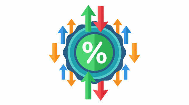 Percentage Growth and Decline: A graphic illustration featuring a central circular badge with a percentage symbol, surrounded by numerous colorful arrows indicating upward and downward trends.