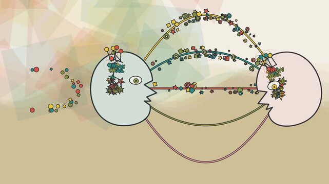 Abstract 2D animation showing two stylized faces communicating and exchanging colorful thoughts and data concepts