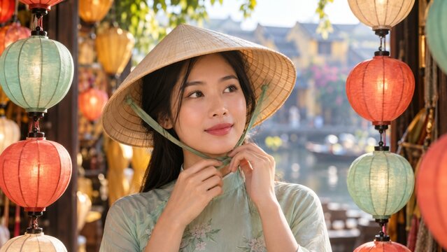 Young woman in traditional ao dai and conical hat stands among colorful lanterns. She looks upward, admiring the vibrant decorations in an Asian marketplace. Mid-Autumn Festival
