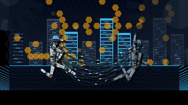 Futuristic 2D animation of two robots connected by glowing data cables running in a high tech city symbolizing neural muscle mapping and motion synchronization