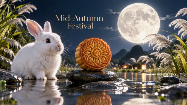 A white rabbit gazes at a mooncake against the backdrop of a large full moon, traditional Chinese architecture, and festive symbols. The inscription reads: "Mid-Autumn Festival."