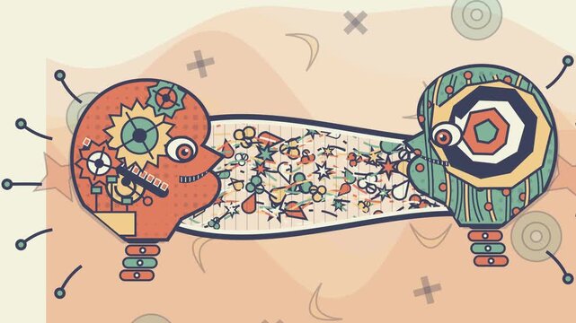 2D animation of two abstract mechanical heads exchanging a continuous stream of colorful shapes and data symbolizing communication and neural transmission