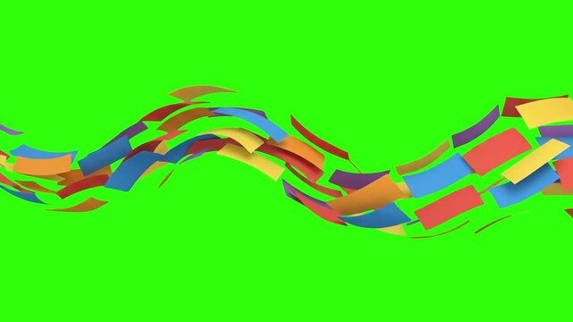 Colorful curved paper fragments float and flow in an abstract wave formation on a green screen key background. Ideal for motion graphics transitions, artistic backgrounds, presentation design, and ove