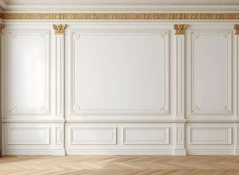 Classic white wall mockup with gold molding and wainscoting panels