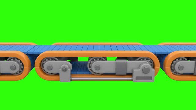 A 3D animated industrial conveyor belt operates continuously on a chroma key green screen background. Suitable for factory, logistics, manufacturing, automated production, and assembly line video sequ