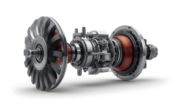 Electric car motor rotor and drive shaft assembly, 3D render