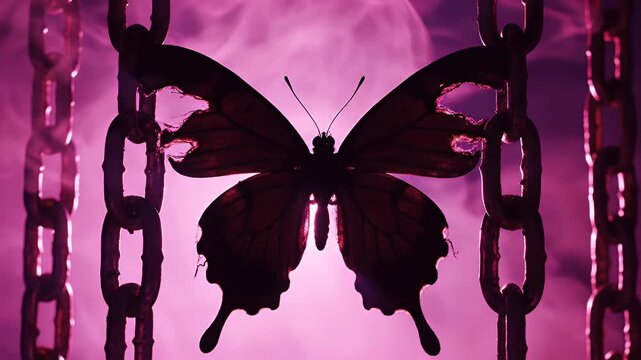 Silhouette Butterfly Framed by Neon Chains in Vivid Purple Light