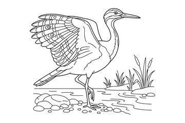 Fototapeta premium Heron standing on riverbank with spread wings line art illustration
