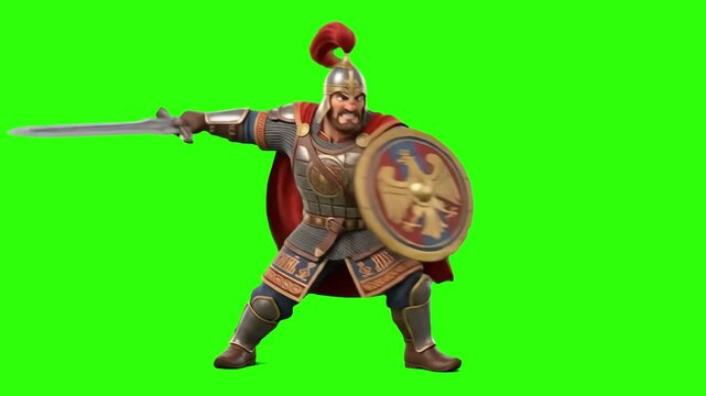 A 3D animated cartoon character of a heroic ancient Greek commander wearing a red-crested helmet, cuirass armor with red cape, holding a sword and eagle shield in a fighting stance, set against a brig
