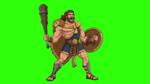 A 2D animated cartoon character of the mythical ancient hero Hercules wearing the Nemean lion skin, roaring with a raised wooden club and round shield, set against a bright chroma key green screen bac