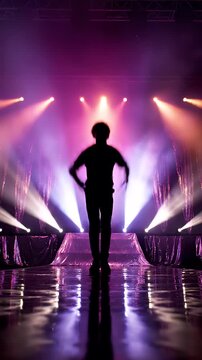 Silhouetted Stage Performer Stretches Arms Wide Beneath Vibrant Multicolored Spotlight Beams