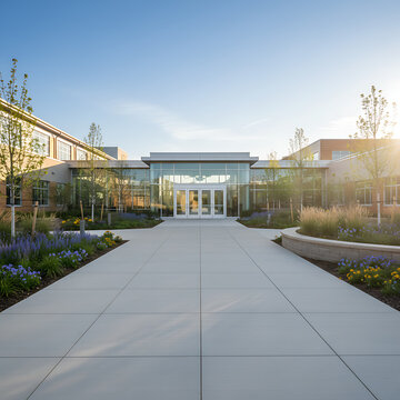 A modern commercial building entrance features glass doors and a concrete walkway at dusk.
