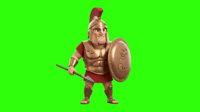A 3D animated cartoon character of an ancient Greek hoplite warrior wearing a golden crested helmet, cuiras armor, and holding a spear with a round shield, set against a bright chroma key green screen