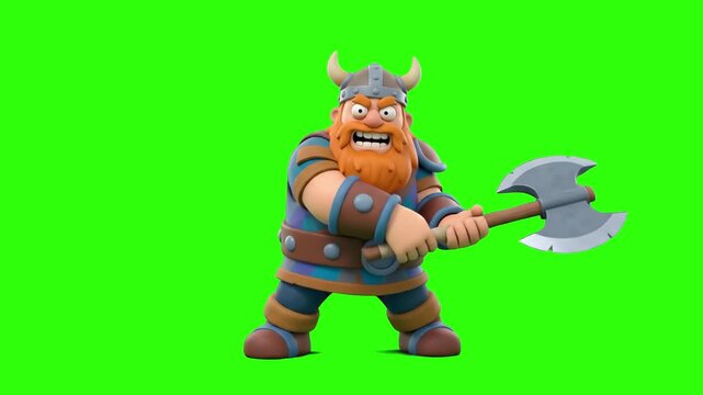 A 3D animated cartoon character of a fierce red-bearded Viking warrior wearing a horned helmet and armor, holding a battle axe in a ready stance, set against a bright chroma key green screen backdrop.