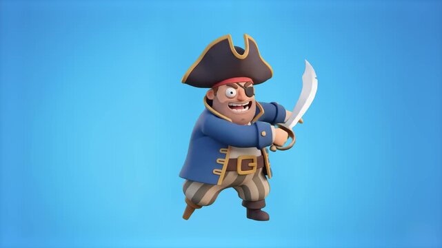 A 3D animated pirate captain character wearing a tricorn hat, eye patch, and blue coat, brandishing a sharp cutlass sword on a solid blue studio backdrop. Excellent for pirate games, adventure animati