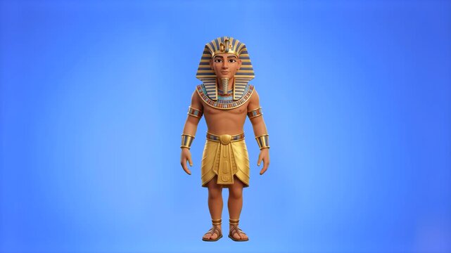 A 3D rendered character of an ancient Egyptian pharaoh wearing a nemes headcloth and golden accessories stands isolated on a blue background. Perfect for history documentaries, educational videos, gam