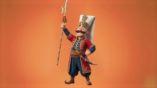 A 3D animated cartoon character of a mustache Ottoman Janissary soldier wearing a traditional tall felt cap and red kaftan uniform, holding a ceremonial halberd spear, isolated against a warm studio b