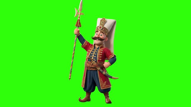 A 3D animated cartoon character of a mustache Ottoman Janissary soldier wearing a traditional tall felt cap and red kaftan uniform, holding a ceremonial halberd spear, set against a bright chroma key 