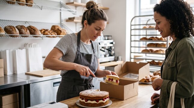 Baker carefully places a slice of raspberry cake into a takeaway box for a smiling customer in a bakery