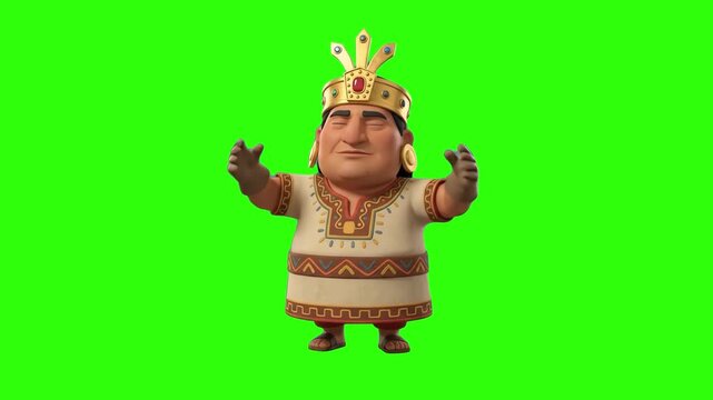 A 3D animated Mayan or Aztec chief leader character wearing a traditional golden crown and tribal tunic, gesturing with hands open on a chroma key green background. Ideal for historical animations, st