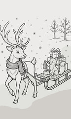 Fototapeta premium Reindeer pulling sled with gifts and a cat in a snowy landscape 